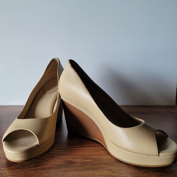 Cole Haan Tan Peep-Toe Wedges - Picture 1 of 7